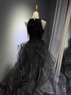 A-Line High Neck Tulle Ball Gown Sequin Black Formal Prom Dresses With Beads