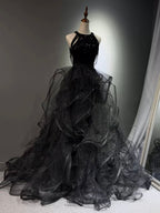 A-Line High Neck Tulle Ball Gown Sequin Black Formal Prom Dresses With Beads