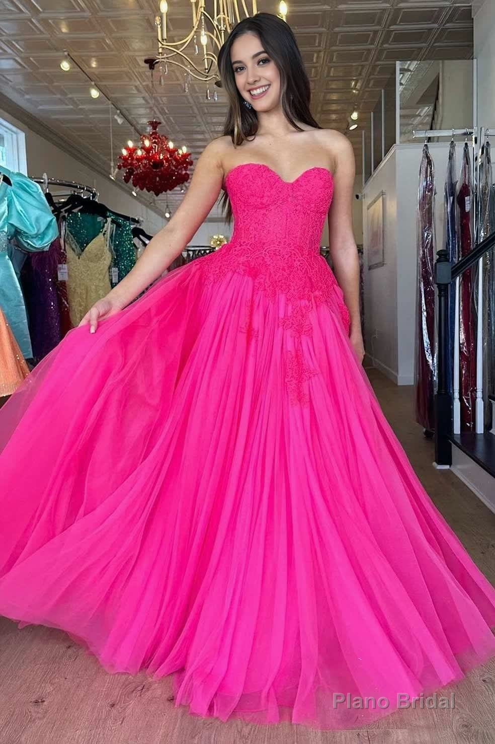 A-Line Hot Pink Tulle Lace StraplessLong Prom Dress Secondary image
