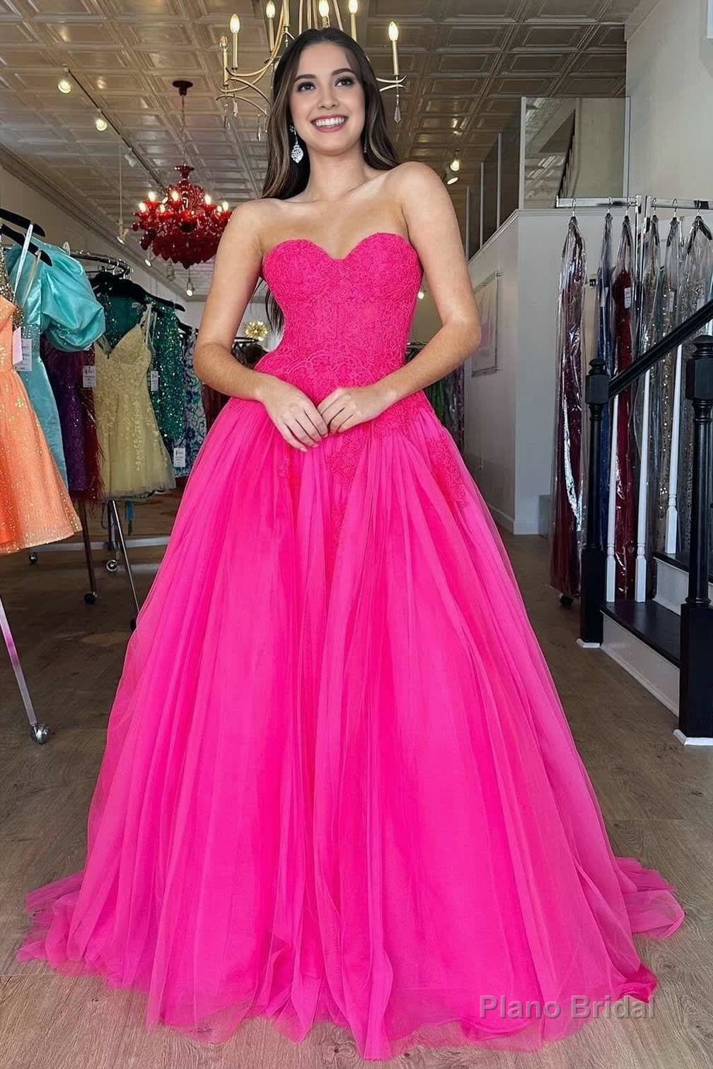 A-Line Hot Pink Tulle Lace StraplessLong Prom Dress Main image
