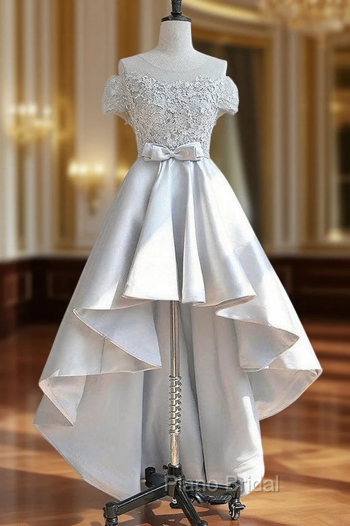 A-line Illusion Neck Short Sleeve Satin Asymmetrical Homecoming Dresses With Appliqued Waistband
