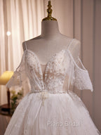 A-line Ivory Beaded Tulle Long Wedding Party Dresses, Ivory Tulle Floor Length Formal Prom Dresses