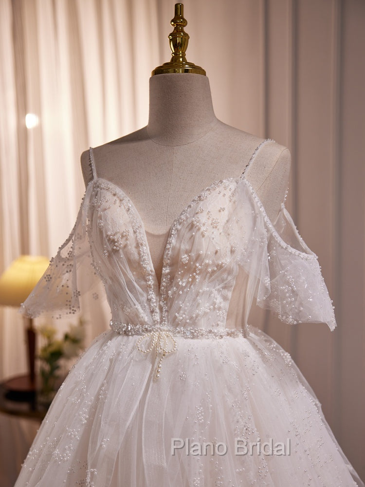 A-line Ivory Beaded Tulle Long Wedding Party Dresses, Ivory Tulle Floor Length Formal Prom Dresses