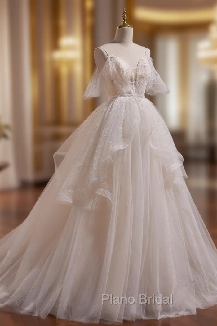 A-line Ivory Beaded Tulle Long Wedding Party Dresses, Ivory Tulle Floor Length Formal Prom Dresses