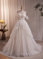 A-line Ivory Beaded Tulle Long Wedding Party Dresses, Ivory Tulle Floor Length Formal Prom Dresses