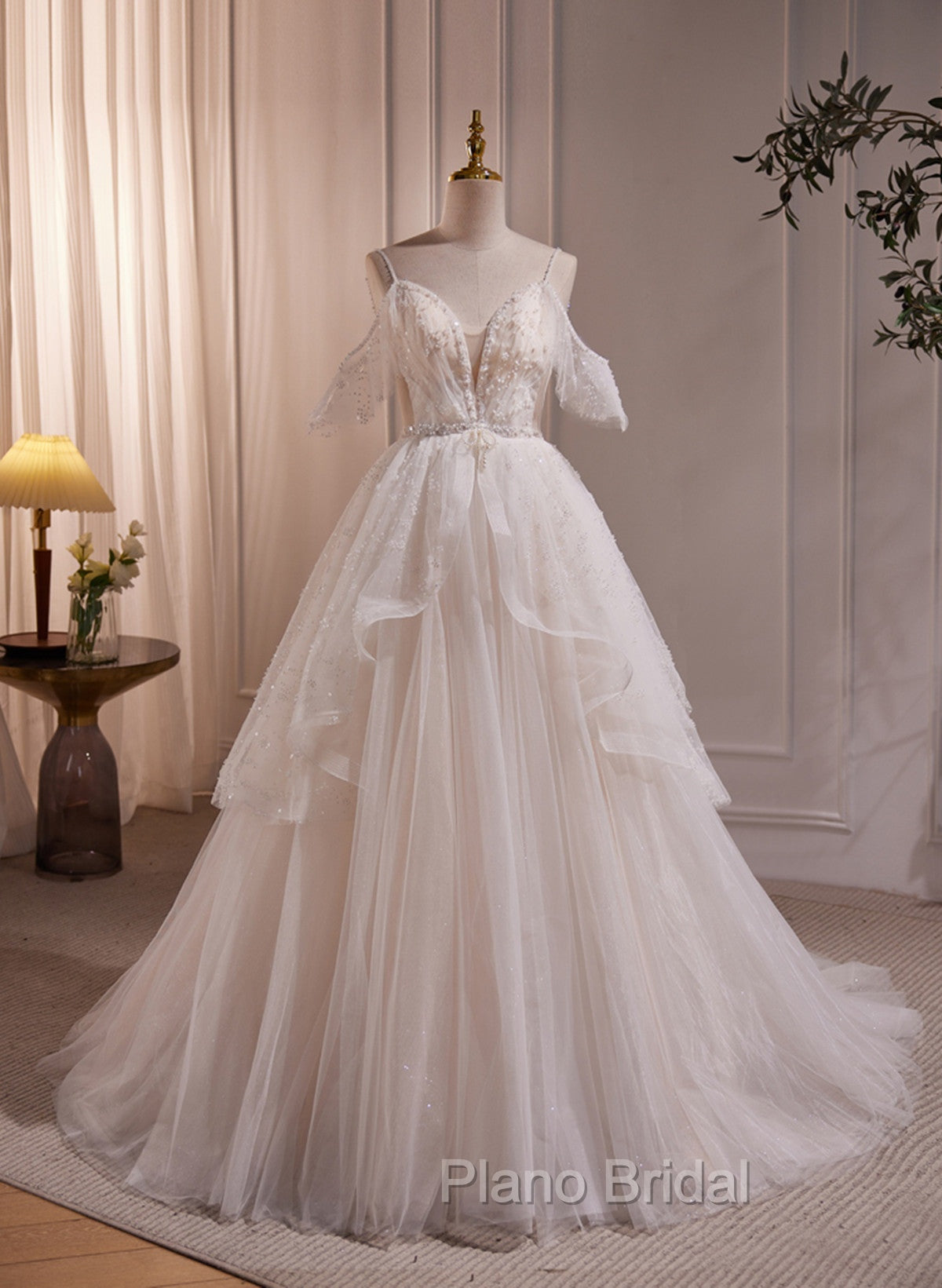 A-line Ivory Beaded Tulle Long Wedding Party Dresses, Ivory Tulle Floor Length Formal Prom Dresses