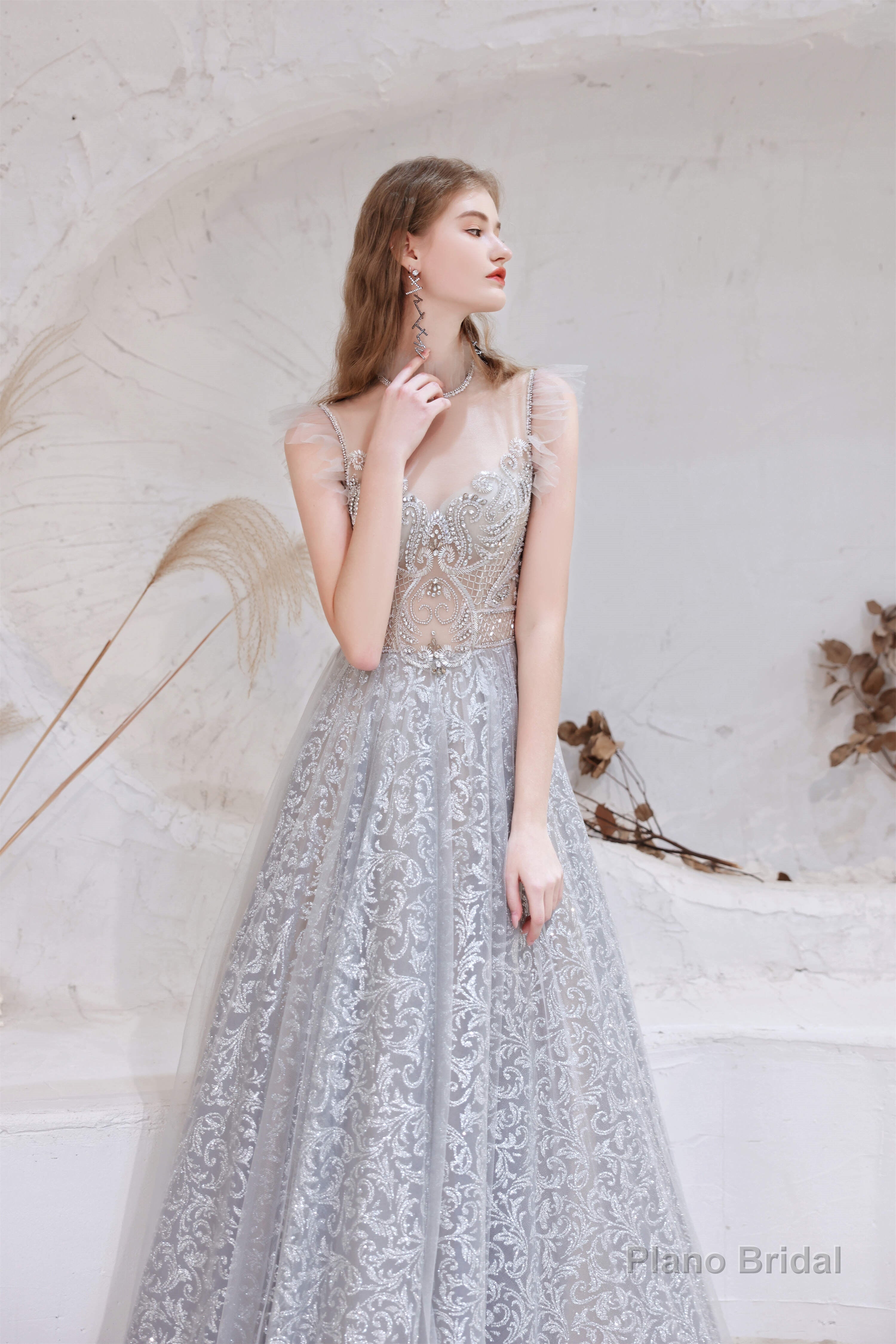 A Line Jewel Neck Floor Length Sleeveless Zipper Prom Dresses