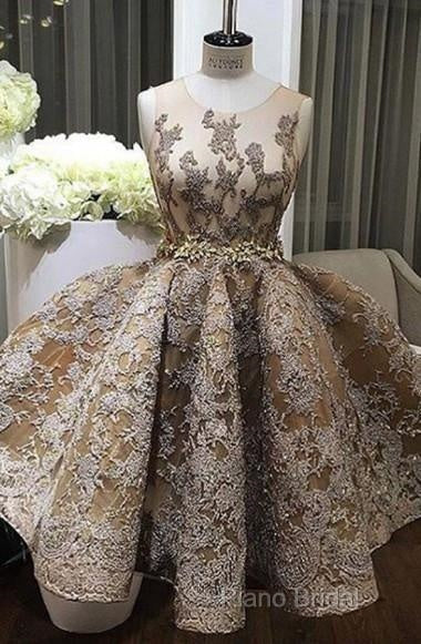 A-Line Jewel Sleeveless Short Formal Prom Dresses With Lace Appliques