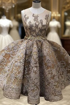 A-Line Jewel Sleeveless Short Formal Prom Dresses With Lace Appliques