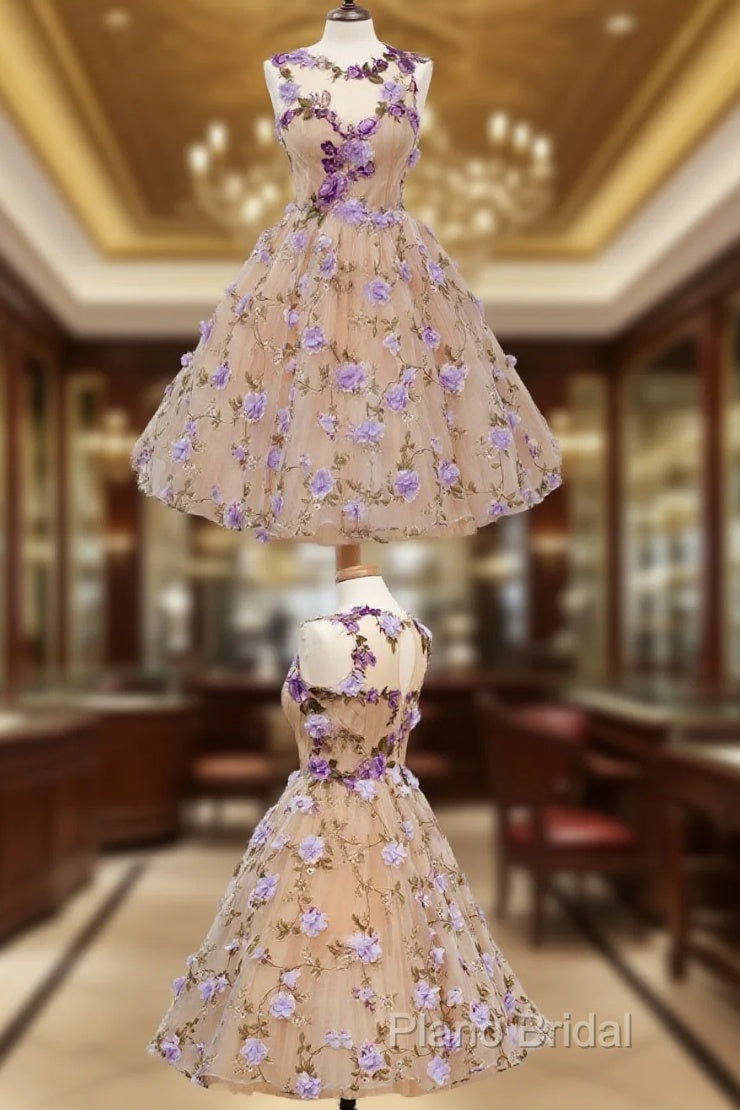 A-Line Jewel Tea-Length Open Back Champagne Tulle Homecoming Dresses With Appliques Flowers Main image