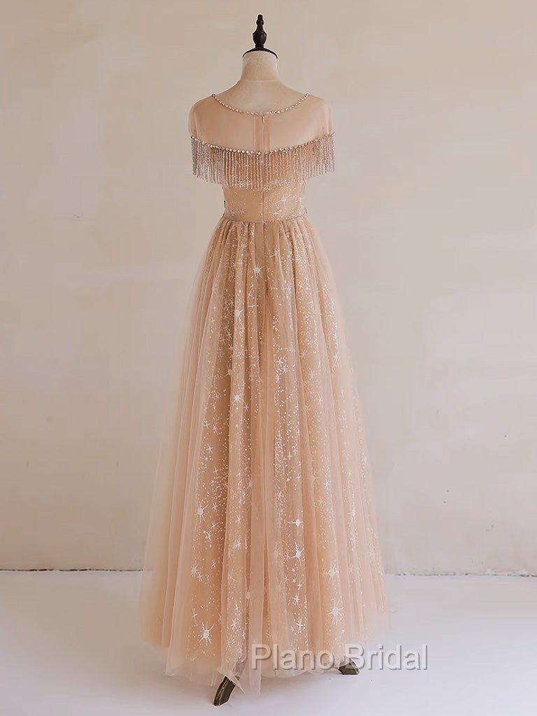 A-Line Lace Champagne Long Formal Prom Dresses, Champagne Lace Long Formal Dresses Secondary image