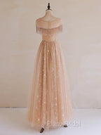 A-Line Lace Champagne Long Formal Prom Dresses, Champagne Lace Long Formal Dresses