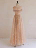 A-Line Lace Champagne Long Formal Prom Dresses, Champagne Lace Long Formal Dresses