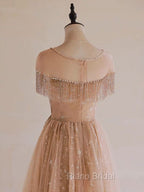 A-Line Lace Champagne Long Formal Prom Dresses, Champagne Lace Long Formal Dresses