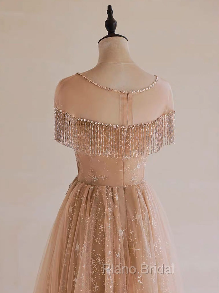 A-Line Lace Champagne Long Formal Prom Dresses, Champagne Lace Long Formal Dresses