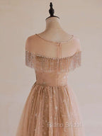 A-Line Lace Champagne Long Formal Prom Dresses, Champagne Lace Long Formal Dresses
