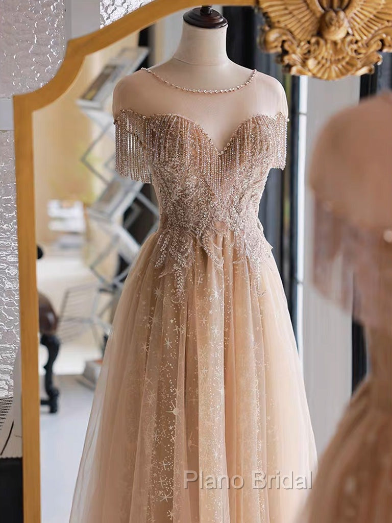 A-Line Lace Champagne Long Formal Prom Dresses, Champagne Lace Long Formal Dresses