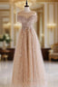 A-Line Lace Champagne Long Formal Prom Dresses, Champagne Lace Long Formal Dresses