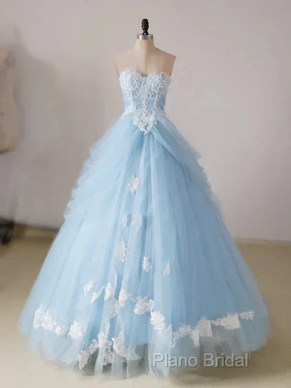 A-Line Lace Chicken Heart Collar Blue Long Ball Dresses Sky Blue Formal Prom Dresses