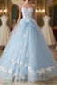 A-Line Lace Chicken Heart Collar Blue Long Ball Dresses Sky Blue Formal Prom Dresses