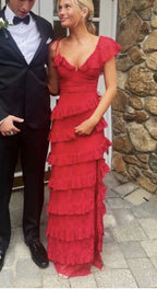 A Line Red Lace Long Formal Prom Dresses