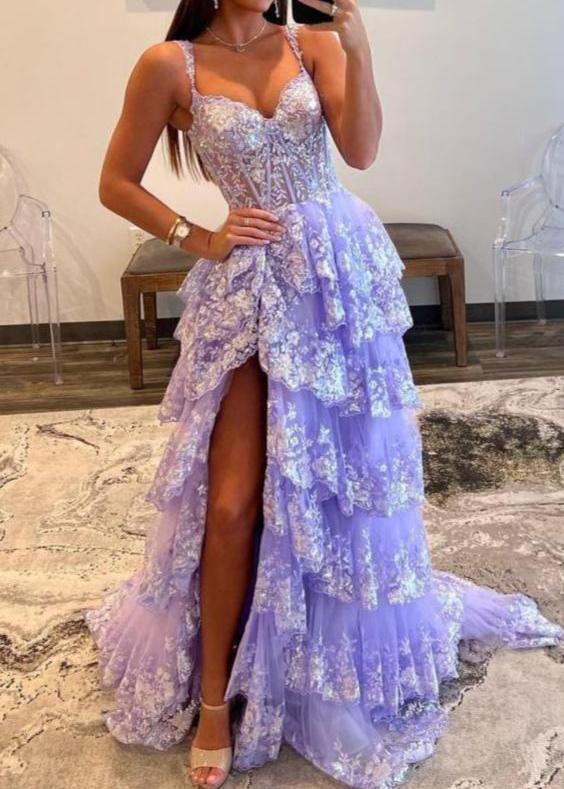 A Line Lace Off-the-Shoulder Tiered Long Prom Dress with Slit