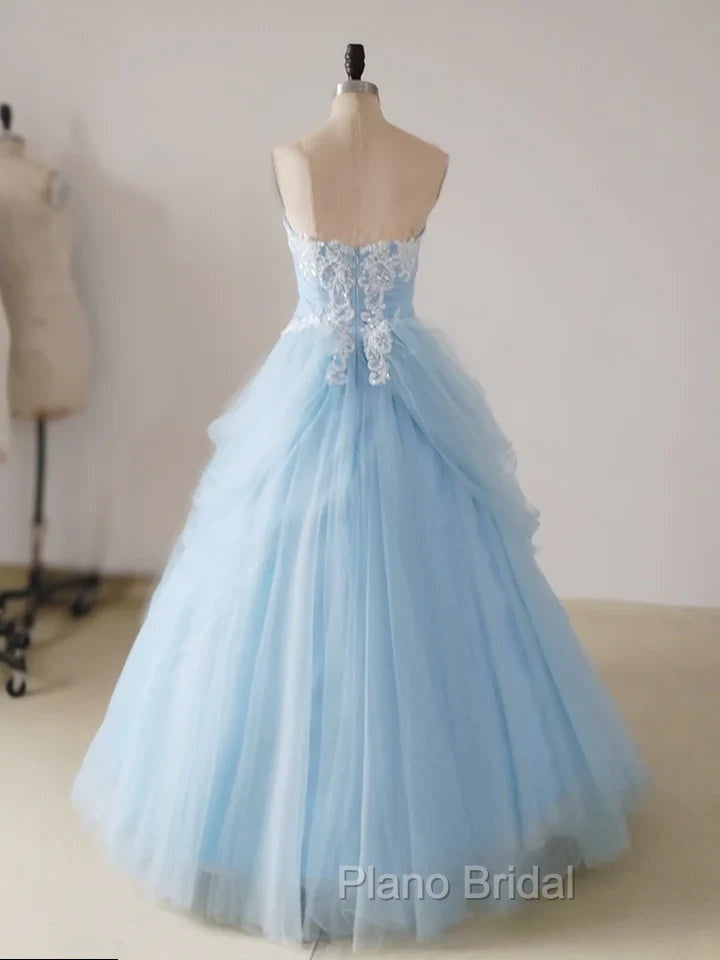 A-Line Lace Sweetheart Neck Blue Long Formal Prom Dresses