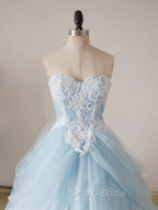 A-Line Lace Sweetheart Neck Blue Long Formal Prom Dresses