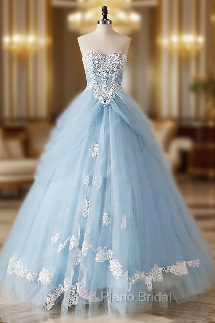 A-Line Lace Sweetheart Neck Blue Long Formal Prom Dresses Main image