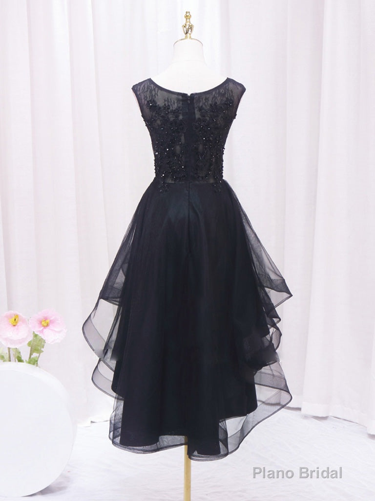A-Line Lace Tulle Black Short Prom Dress, High Low Black Homecoming Dress Main image