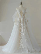 A-Line Lace Tulle Long Formal Prom Dresses Bride Gown