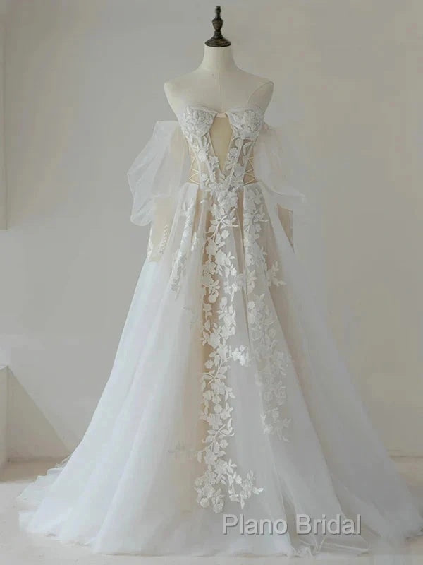 A-Line Lace Tulle Long Formal Prom Dresses Bride Gown Wedding Dresses Beautiful Secondary image