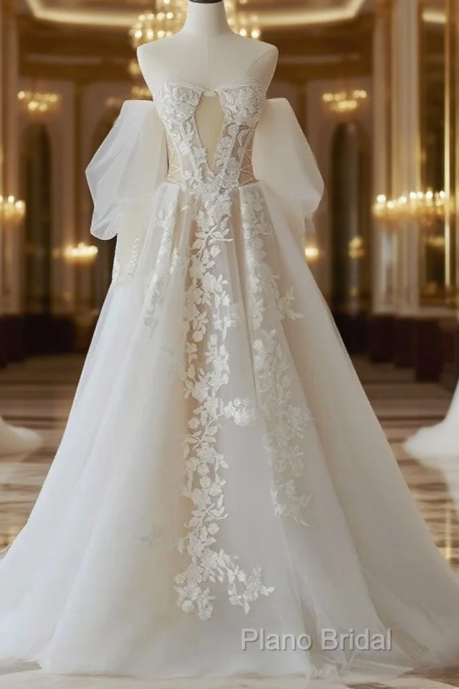 A-Line Lace Tulle Long Formal Prom Dresses Bride Gown Wedding Dresses Beautiful Main image