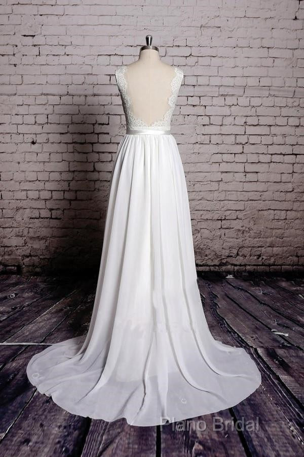 A-Line Lace V-Neck Backless Sheath Long Wedding Dresses Secondary image