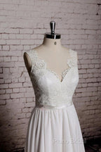 A-Line Lace V-Neck Backless Sheath Long Wedding Dresses