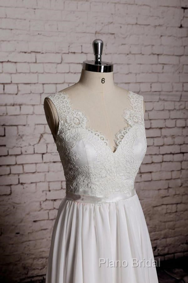 A-Line Lace V-Neck Backless Sheath Long Wedding Dresses