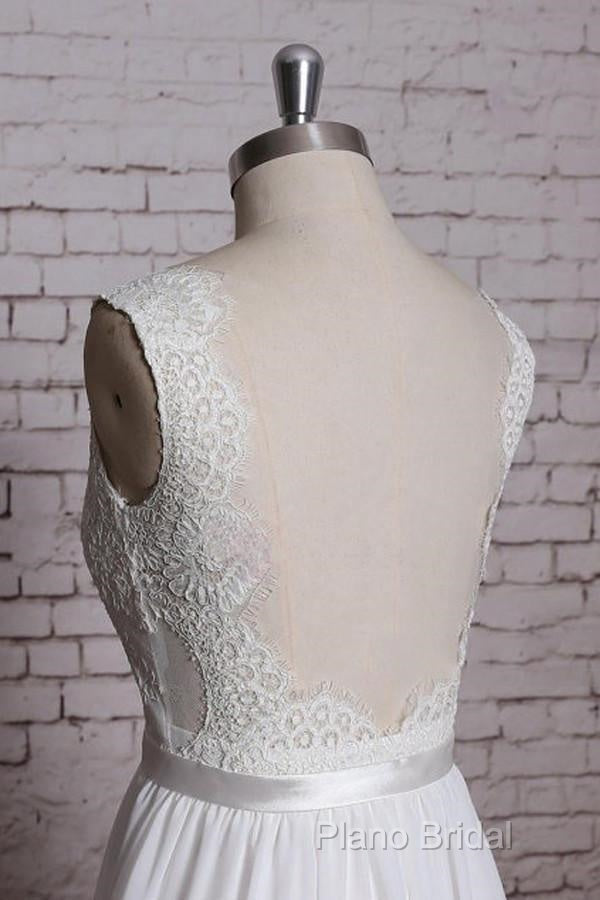 A-Line Lace V-Neck Backless Sheath Long Wedding Dresses