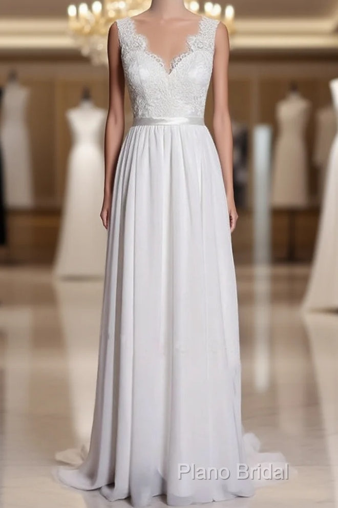 A-Line Lace V-Neck Backless Sheath Long Wedding Dresses Main image