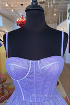 A-Line Lavender Shiny Tulle Formal Prom Dresses, Long Spaghetti Strap Evening Dresses