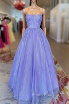 A-Line Lavender Shiny Tulle Formal Prom Dresses, Long Spaghetti Strap Evening Dresses