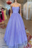 A-Line Lavender Shiny Tulle Formal Prom Dresses, Long Spaghetti Strap Evening Dresses