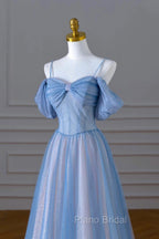 A-line Light Blue and Pink Long Evening Dresses, Blue Party Dresses Formal Prom Dresses