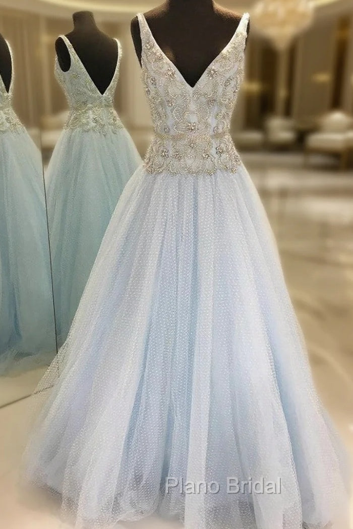 A-Line Light Blue Tulle V-neck Backless With Beading Formal Prom Dresses Main image