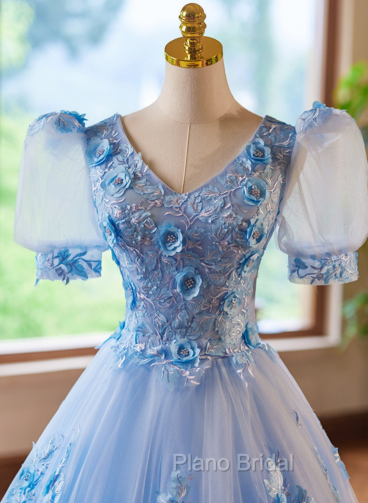 A-Line Light Blue Tulle With Lace Short Sleeves Formal Prom Dresses, Tulle Sweet 16 Dresses Secondary image