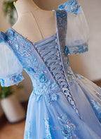 A-Line Light Blue Tulle With Lace Short Sleeves Formal Prom Dresses, Tulle Sweet 16 Dresses