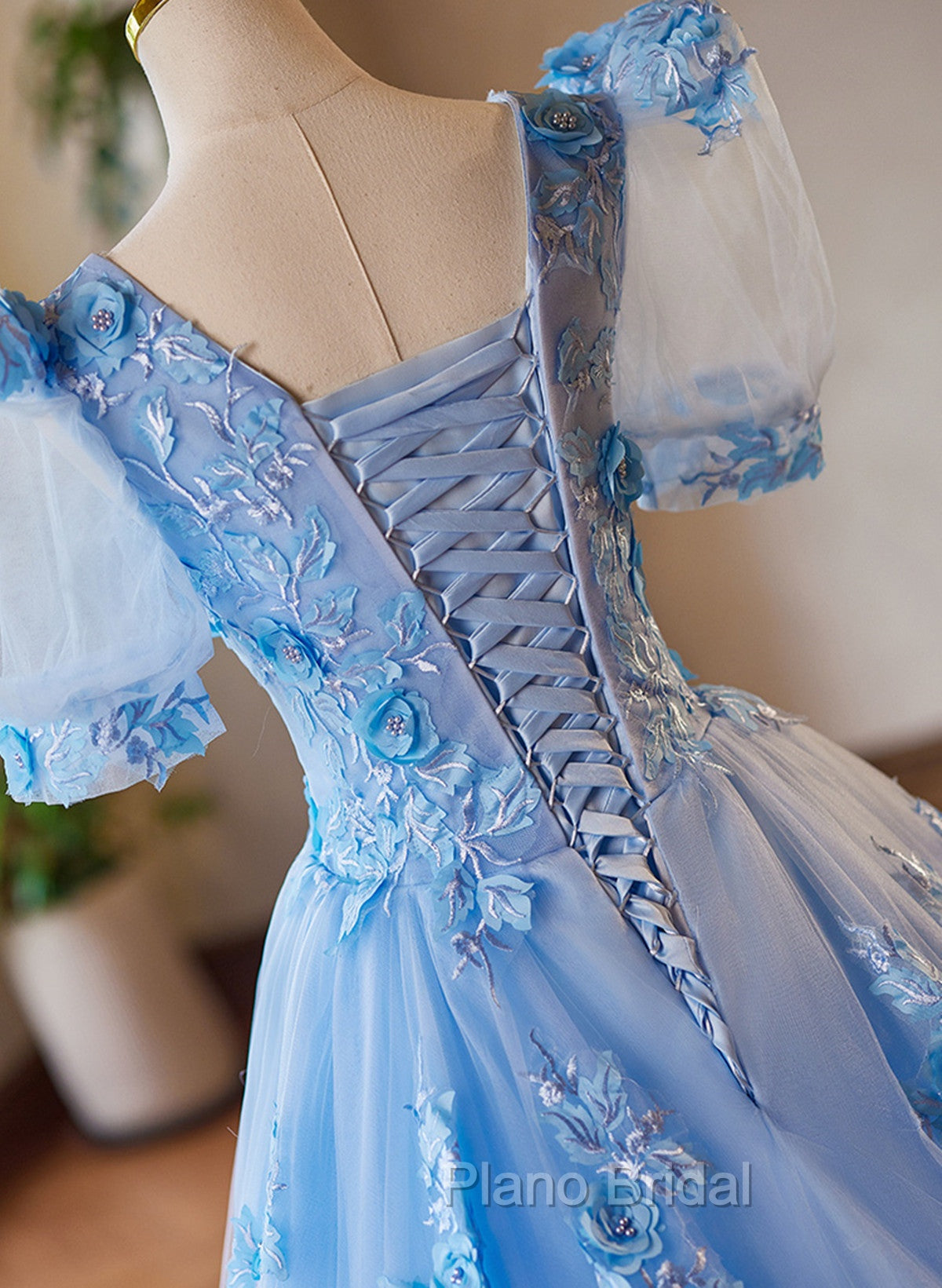 A-Line Light Blue Tulle With Lace Short Sleeves Formal Prom Dresses, Tulle Sweet 16 Dresses