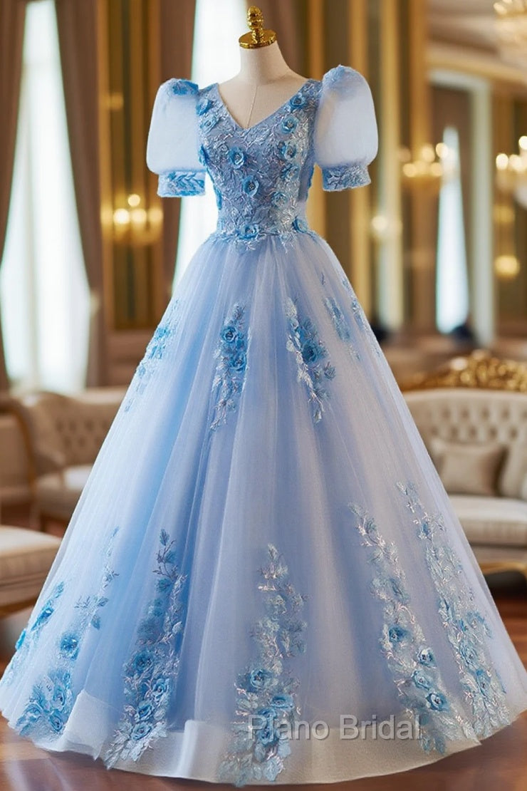 A-Line Light Blue Tulle With Lace Short Sleeves Formal Prom Dresses, Tulle Sweet 16 Dresses Main image