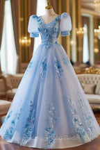 A-Line Light Blue Tulle With Lace Short Sleeves Formal Prom Dresses, Tulle Sweet 16 Dresses