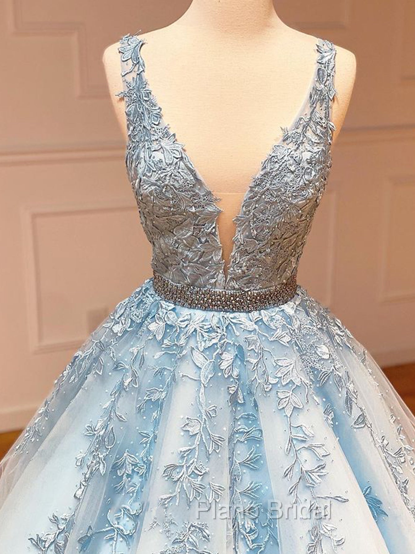 A Line Light Blue V Neck Lace Long Formal Prom Dresses