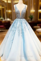 A Line Light Blue V Neck Lace Long Formal Prom Dresses